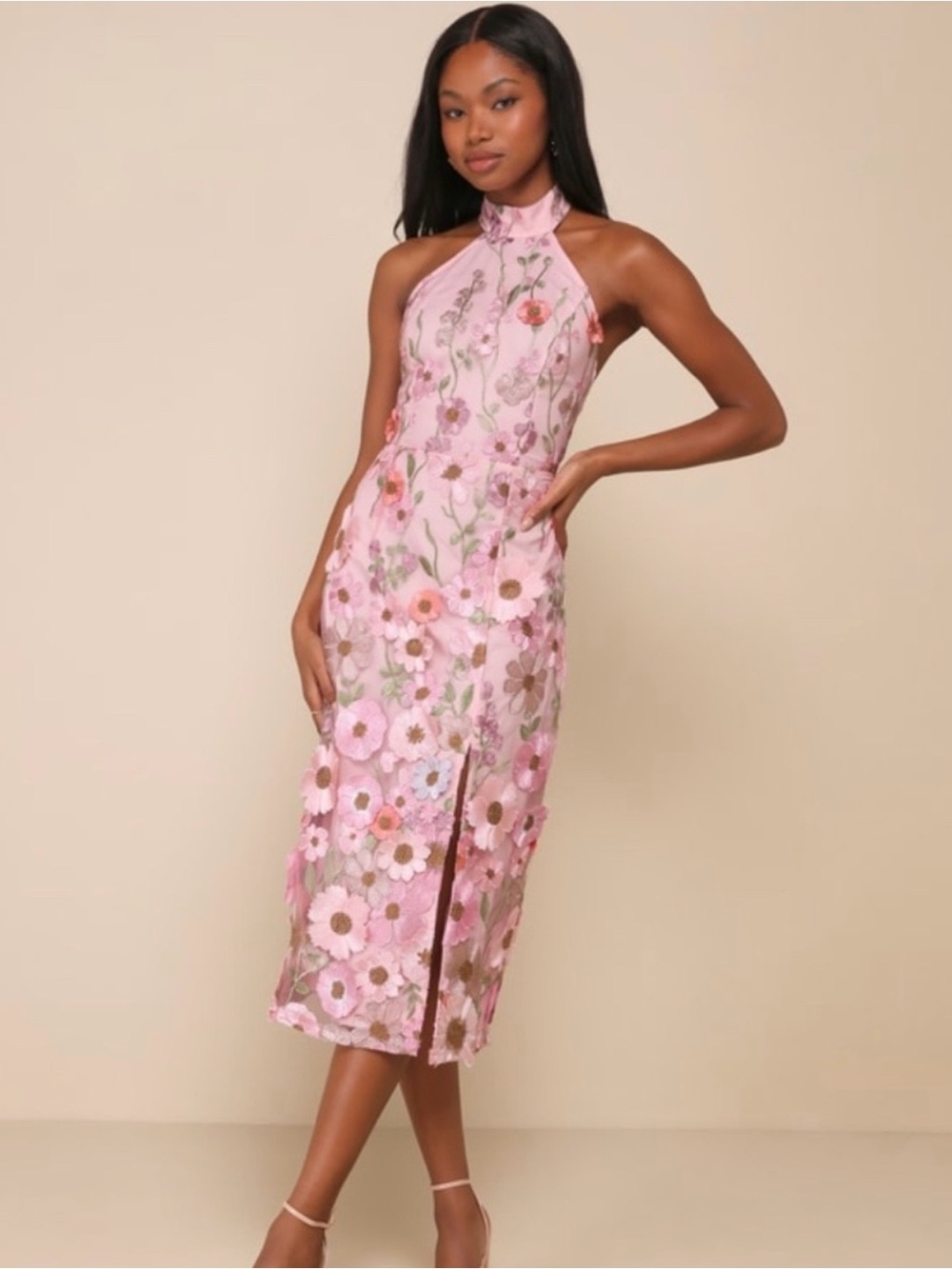 Pink Floral Halter Midi Dress with Front Slit
